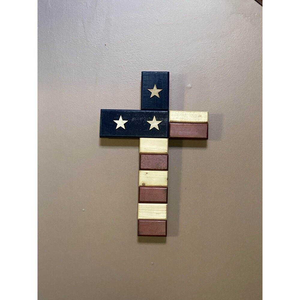 American Wooden Cross Wall Decor With Flag 17” X 11” VERY NICE- Stars & Stripes